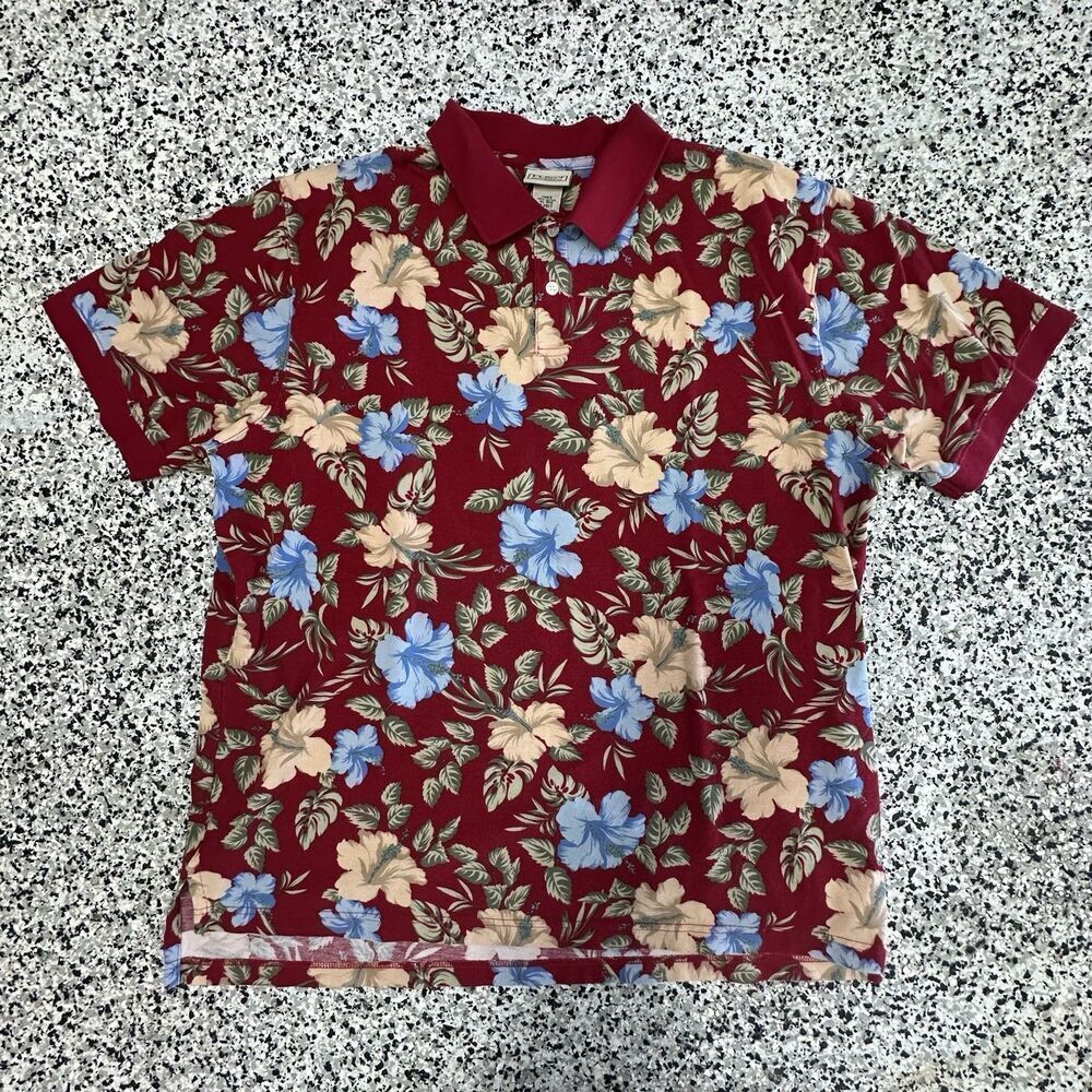 LL Bean Hawaiian Polo Shirt Mens XL Reg Red Floral Flower Collared Button AOP